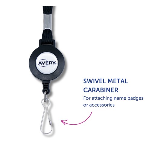 Billedet viser en drejelig metalkarabinhage designet til at fastgøre navneskilte eller tilbehør. Det inkluderer Avery-logoet og fremhæver dens funktionalitet.