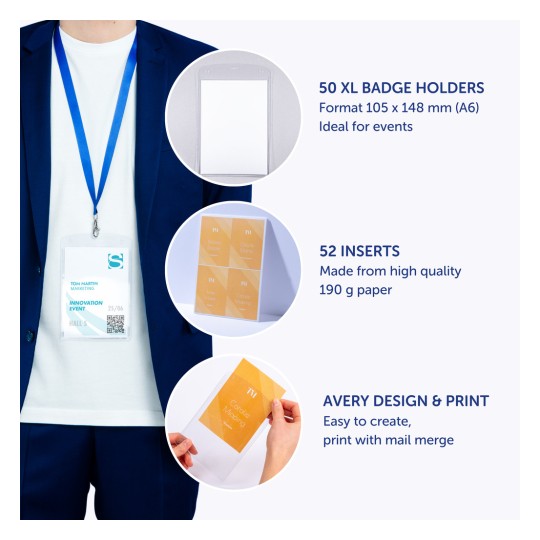 Billedet viser en badgeholder med teksten, der beskriver produktets funktioner: 50 XL badgeholdere, 52 indlæg af høj kvalitet og nemme design- og udskrivningsmuligheder.