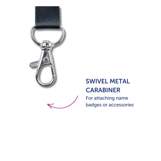 Billedet viser en drejelig metal karabinhage designet til at fastgøre navneskilte eller tilbehør.