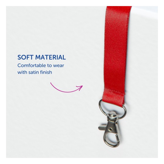Billedet viser en rød rem med en metalclips. Det fremhæver remmens egenskaber og angiver, at den er lavet af blødt materiale og er behagelig at bære med en satinfinish.