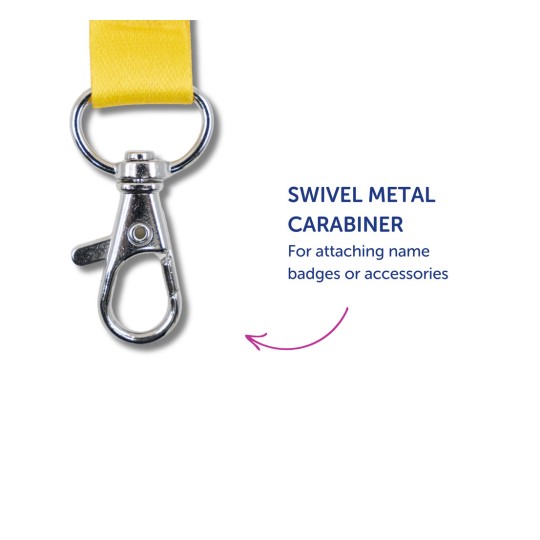 Billedet viser et gult bånd med en drejelig metal-karabin, mærket til at fastgøre navneskilte eller tilbehør.