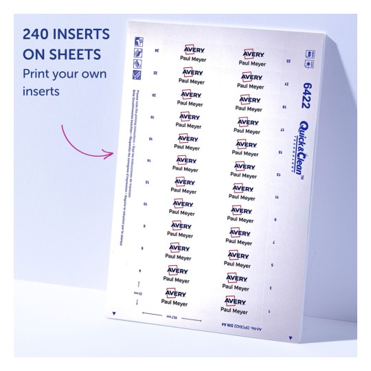 Billedet viser Avery-indsatser på ark, der indeholder tilpasselige etiketter trykt med navnet 'Paul Meyer'. Arket har i alt 240 indsatser organiseret i et gitterformat.