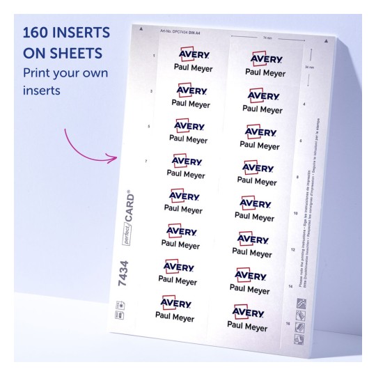 Billedet viser et ark med indlæg fra Avery, med navnet 'Paul Meyer' gentaget i et gitterlayout. Arket har plads til 160 indlæg og indeholder printinstruktioner.