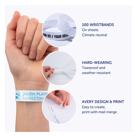 Billedet viser en hånd iført et hvidt armbånd, med yderligere billeder og tekst, der fremhæver funktioner som klimaneutralitet, holdbarhed og designeevne for tilpassede armbånd.