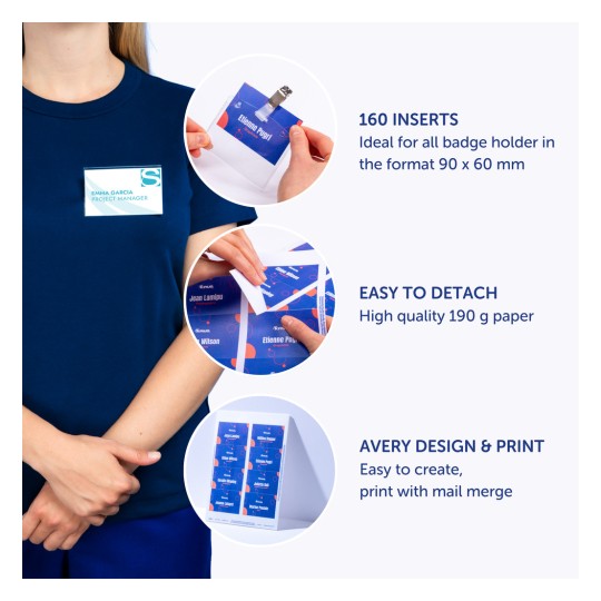 Et billede, der viser mærkeindsatser for professionelle, fremhæver funktioner som 160 indsatser, nem adskillelse og kompatibilitet med Avery design og print.