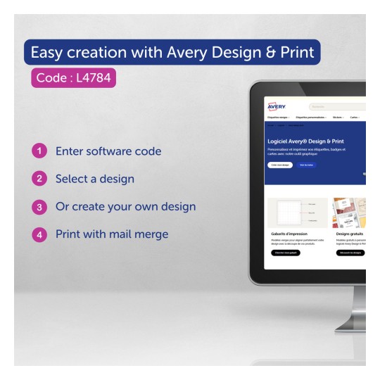 Billedet fremmer nem oprettelse med Averys Design & Print-software og giver instruktioner til brug af softwaren baseret på en specifik kode. Det inkluderer trin til indtastning af en softwarekode, valg af design, oprettelse af et tilpasset design og udskrivning ved hjælp af mailmerge.