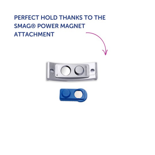 Billedet viser to magnetiske vedhæftninger til en enhed. Den ene er større og sølvfarvet, mens den mindre er blå. Teksten promoverer SMAG® Power Magnet-vedhæftningen for et perfekt greb.