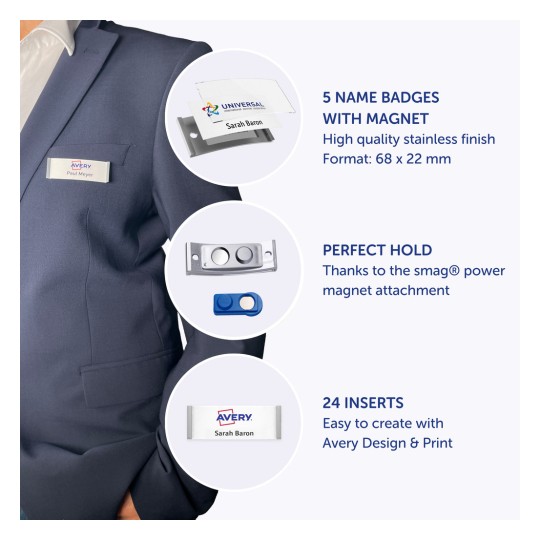 Billedet viser en person iført en blazer med et navneskilt. Det inkluderer detaljer om navneskilte med magnetisk fastgørelse, og viser forskellige funktioner som antallet af skilte, indsatsmuligheder og magnetstyrke.