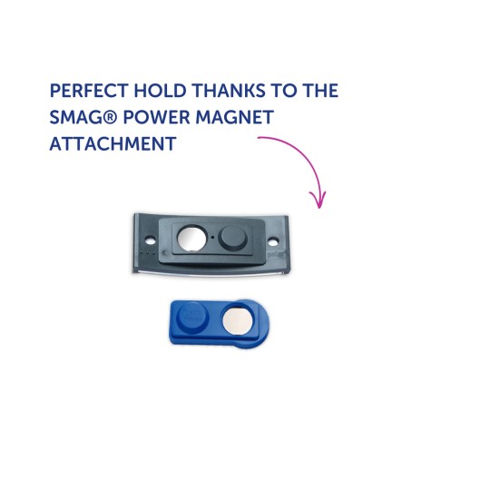 Billedet viser to plastkomponenter: en større sort tilbehørsdel og en mindre blå, mærket som SMAG® Power Magnet Attachment. Teksten fremhæver, at den giver et perfekt greb.