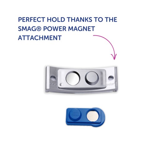 Billedet viser SMAG® Power Magnet-tilbehøret, bestående af et sølvfarvet magnetstykke og et blåt magnettilbehør, med tekst der fremhæver den perfekte fastholdelsesfunktion.