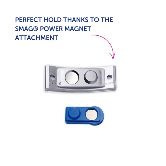 Billedet viser et SMAG® Power Magnet-tilbehør med en sølvfarvet magnetisk holder og en blå komponent, der giver et perfekt greb.