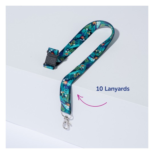 Billedet viser en farverig nøglesnor med et blomsterdesign, fastgjort til en metalclips. Ved siden af er der tekst, der angiver '10 Nøglesnore' med en pil, der peger mod nøglesnoren.