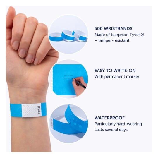 Billedet viser blå armbånd lavet af rivfast Tyvek og fremhæver egenskaber som vandtæt materiale, nemhed ved at skrive med en permanent marker og en samlet mængde på 500 armbånd.