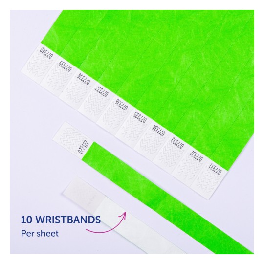 Billedet viser et ark med grønne armbånd med i alt 10 armbånd pr. ark. Hvert armbånd har et zigzag-design og er markeret med forskellige identifikatorer.