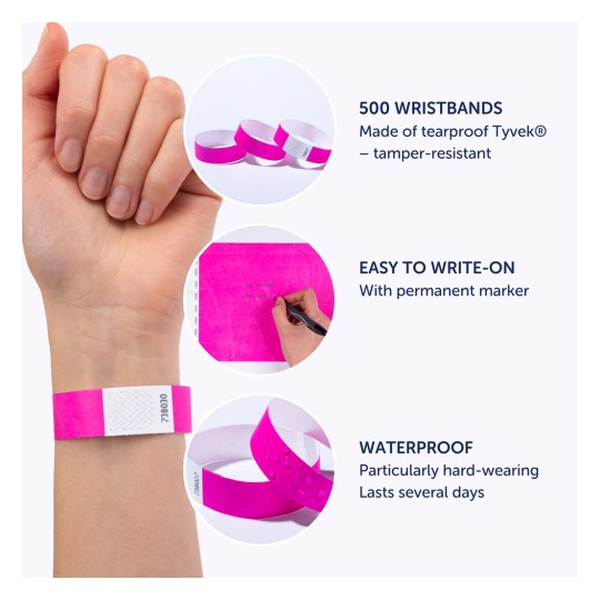 Billedet viser lyserøde armbånd lavet af rivefast Tyvek®, som fremhæver deres holdbarhed og funktioner såsom let at skrive på og vandtætte. Det fremhæves, at pakken indeholder 500 armbånd.