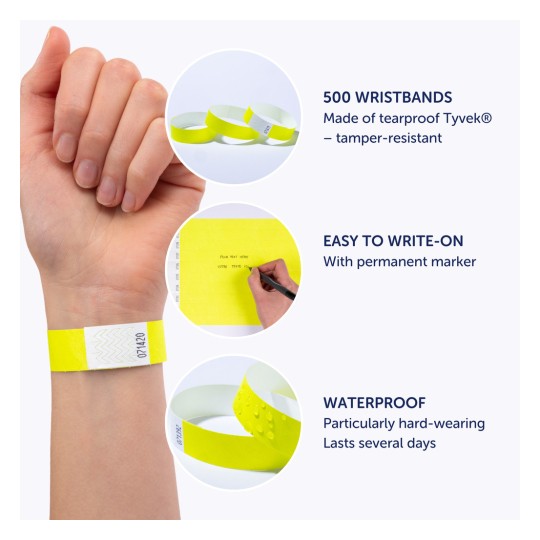 Billedet viser lysegule armbånd fremstillet af slidstærkt Tyvek-materiale. Det fremhæver egenskaber som 500 tilgængelige armbånd, nemme at skrive på med en permanent marker, og vandtætte egenskaber, som indikerer holdbarhed og modstandskraft til brug over flere dage.