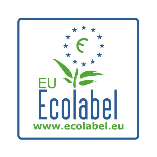Billedet viser EU Ecolabel-logoet, som inkluderer grønne elementer, en cirkel af stjerner, der repræsenterer Europa, og et link til en hjemmeside nedenfor.
