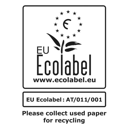 Billedet viser EU's miljømærke-logo og fremhæver vigtigheden af at genanvende brugt papir. Det inkluderer et link til en hjemmeside for mere information og et identifikationsnummer for miljømærke-certificeringen.