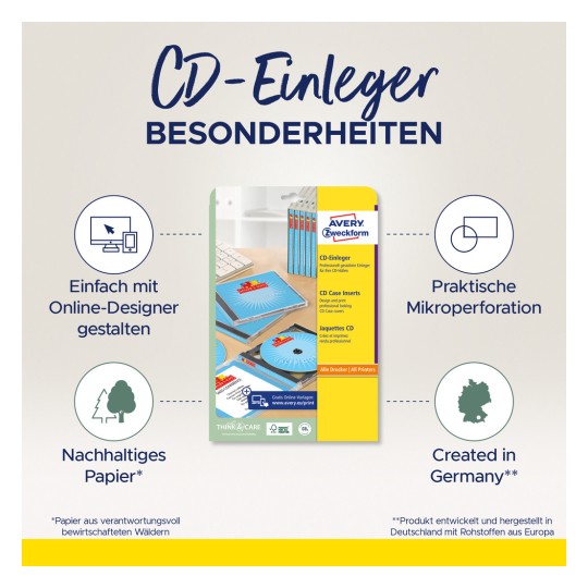 Billedet viser en CD-indlægningspakke fra Avery Zweckform. Den fremhæver egenskaber som online designmuligheder, praktisk mikroperforering, bæredygtigt papir, og at produktet er fremstillet i Tyskland.