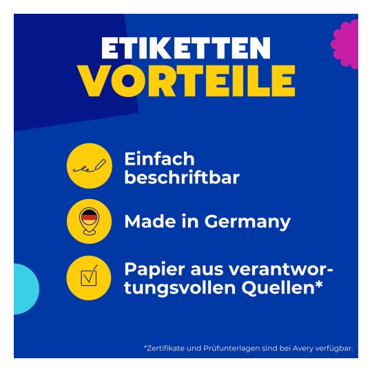 Billedet viser en emballage af Avery-etiketter med fremhævede funktioner: skrivbar overflade, fremstillet i Tyskland og bæredygtig emballage. Etiketsættet indeholder forskellige farver og indeholder 108 etiketter pr. ark.