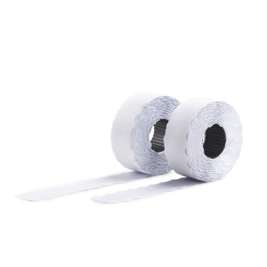 Billedet viser to ruller hvid tape med en tekstureret kant, der er delvist udrullet. Rullerne er kendetegnet ved et rent, minimalistisk design, der er velegnet til forskellige anvendelser såsom håndværk, emballering eller mærkning.