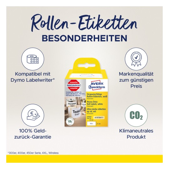 Billedet viser en emballage til Avery Zweckform rulleetiketter, der fremhæver funktioner som kompatibilitet med Dymo LabelWriter, en pengene-tilbage-garanti, kvalitet til en lav pris og dens klimaneutrale status.