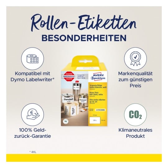 Billedet viser en emballage til Avery-rulletiketter, som fremhæver deres kompatibilitet med Dymo Labelwriter og funktioner som kraftige etiketter, pengene-tilbage-garanti og klimaneutralt produkt.