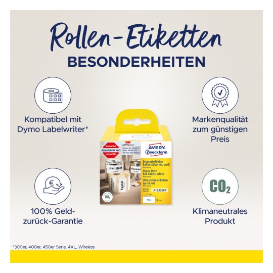 Billedet viser en emballage af Avery Zweckform rulleetiketter, der fremhæver deres kompatibilitet med Dymo LabelWriter, kvalitetsgarantier og miljøvenlige egenskaber, herunder CO2-neutralitet.