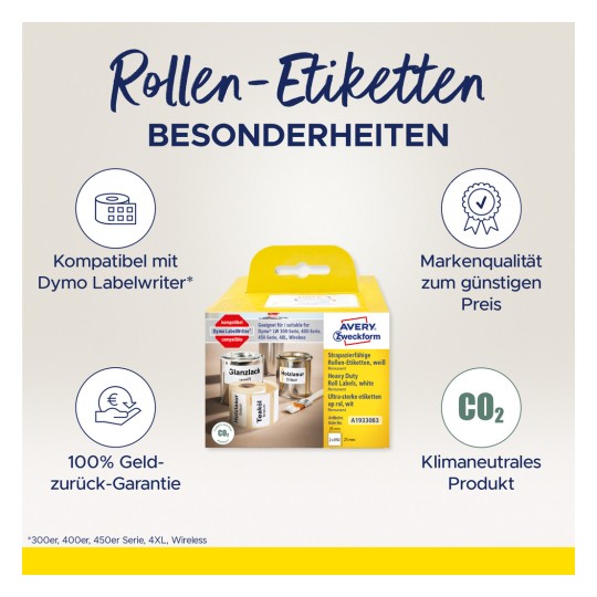 Billedet viser en emballage til Avery Zweckform rulleetiketter. Det fremhæver kompatibilitet med Dymo Labelwriters, tilbyder høj kvalitet til en lav pris, en 100% pengene-tilbage-garanti og understreger sine klimaneutrale produktegenskaber.
