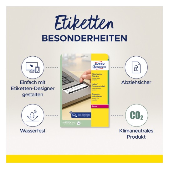 Billedet fremviser et produkt til etiketter fra Avery Zweckform, der fremhæver egenskaber som vandtæthed, aftagningsmodstand og miljøvenlighed. Det nævner også brugen af et designværktøj til tilpasning.