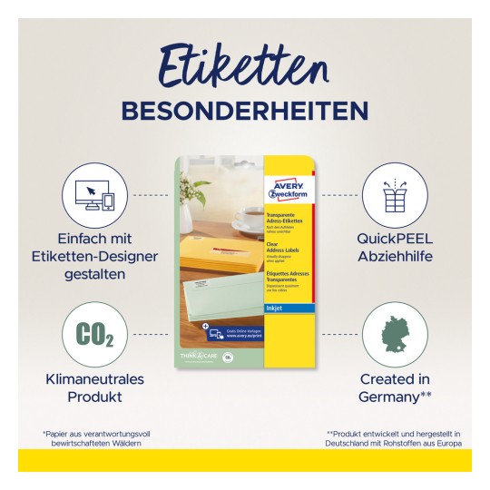 Billedet viser emballage til Avery Zweckform klare adresselabels. Det fremhæver funktioner såsom nemt design med et online værktøj, CO2-neutralitet og QuickPEEL nem fjernelse. Produktet er bemærket at være fremstillet i Tyskland.