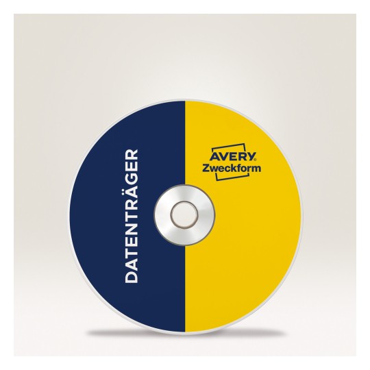 Billedet viser en CD med et tofarvet design. Den venstre halvdel er mørkeblå med ordet 'DATENTRÄGER' trykt i hvidt, mens den højre halvdel er skriggul med logoet 'Avery Zweckform'.