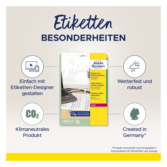 Billedet viser en produktpakke for Avery Zweckform kabelmærker. Det fremhæver funktioner såsom let tilpasningsdygtige designs via en etiketdesigner, vandtætte og holdbare materialer, CO2-neutralitet og udstedelse i Tyskland.