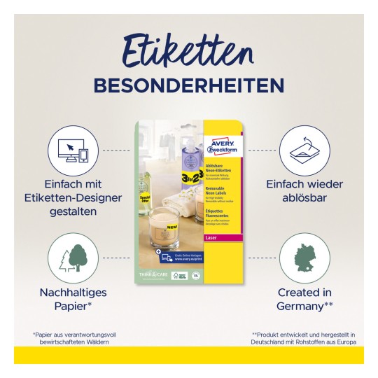 Billedet viser et produktindpakningsdesign for aftagelige neonetiketter fra Avery Zweckform, der fremhæver dets funktioner og bæredygtige materialer.