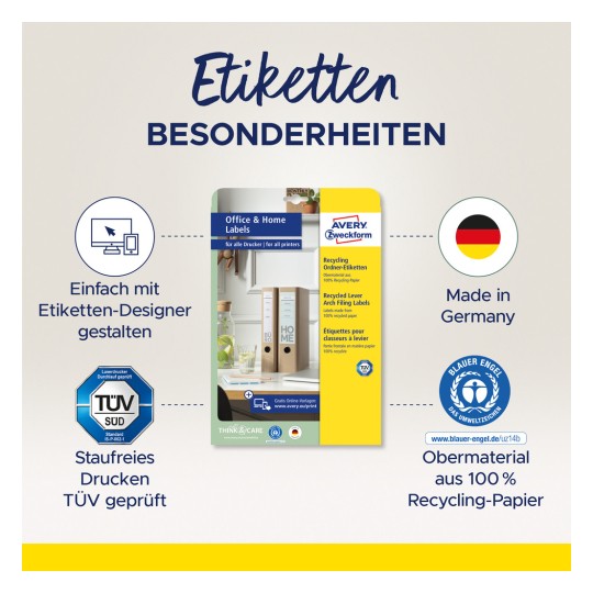 Billedet viser etiketter fra Avery Zweckform, som fremviser deres kontor- og hjemmeetiketter lavet af 100% genbrugspapir. Det inkluderer information om deres designproces, TÜV-certificering og tysk produktion.