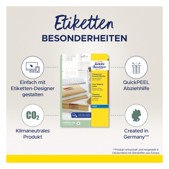 Billedet viser en produktbrochure for Avery Zweckform klare forsendelsesetiketter, der fremhæver funktioner som nem design ved hjælp af deres etiketdesigner, CO2-neutralitet, QuickPEEL-assistance til nem afpilning, og at den er fremstillet i Tyskland.