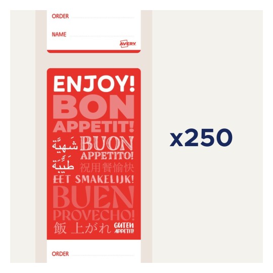 Dette billede viser en farverig etiket eller mærkat med teksten 'ENJOY! BON APPETIT!' og oversættelser på forskellige sprog, designet til madrelaterede sammenhænge.