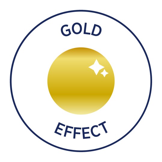 Billedet har et cirkulært design med en guldsfære i midten, omgivet af teksten 'GOLD EFFECT'. Guldsfæren er skinnende og reflekterer lys.