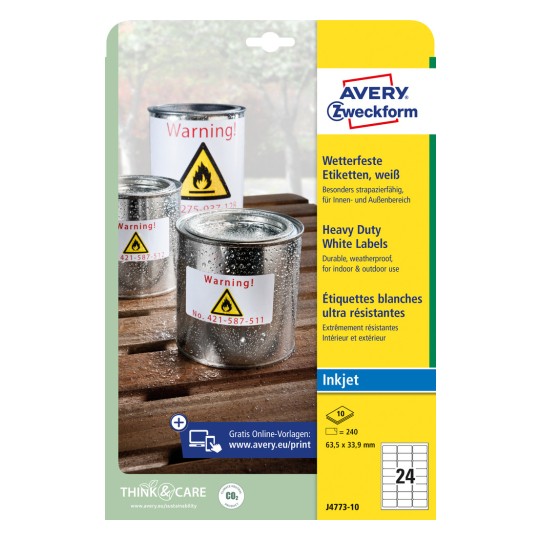 Pakningsbillede: Avery Zweckform Vejrbestandige Folieetiketter til inkjetprintere, Artikel: J4773-10, Format: 63,5 x 33,9 mm, Printeregnet: Inkjet, Indhold: 240 etiketter / 10 ark, 24 etiketter/ark.