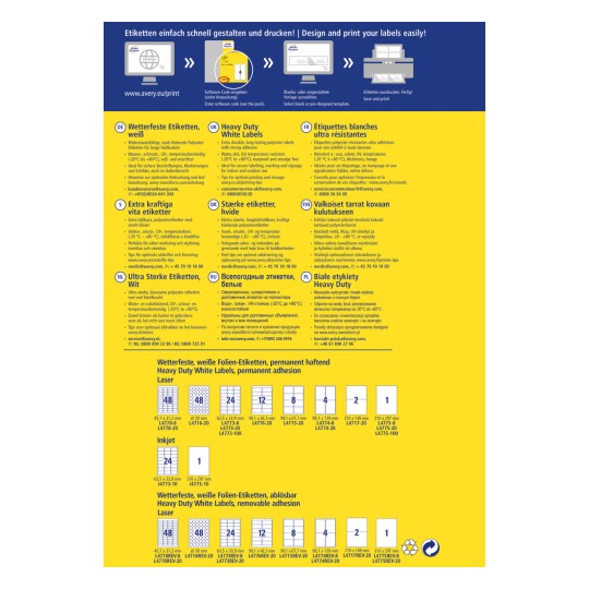 Billedet viser en guide til design og print af etiketter, med detaljerede sektioner om forskellige typer Avery-etiketter, deres specifikationer og instruktioner på flere sprog. Det fremhæver produktegenskaber som holdbarhed, vedhæftning og temperaturbestandighed, sammen med kontaktinformation og skabeloner til anvendelse.