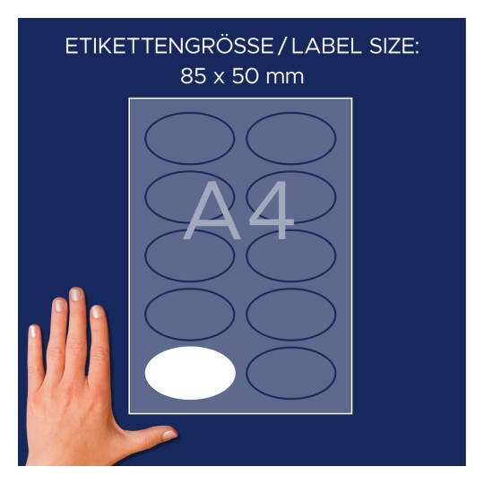 Størrelsessammenligning med hånd, Artikel: J4882-20, et ark navneetiketter, format: 85 x 50 mm, farve: hvid?