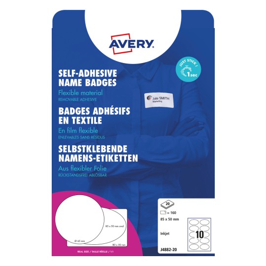 Pakningsbillede: Avery Zweckform, Artikel: J4882-20, Format: 85 x 50 mm, Printeregnethed: Inkjet, Indhold: 200 etiketter / 20 ark. /ark?