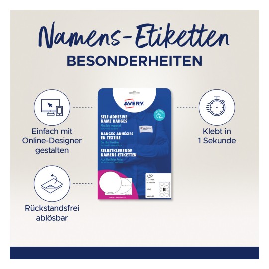 Billedet viser en pakke med selvklæbende navneskilte fra Avery. Den fremhæver fordele som nem online design, tekstilmateriale og hurtige klæbende egenskaber.
