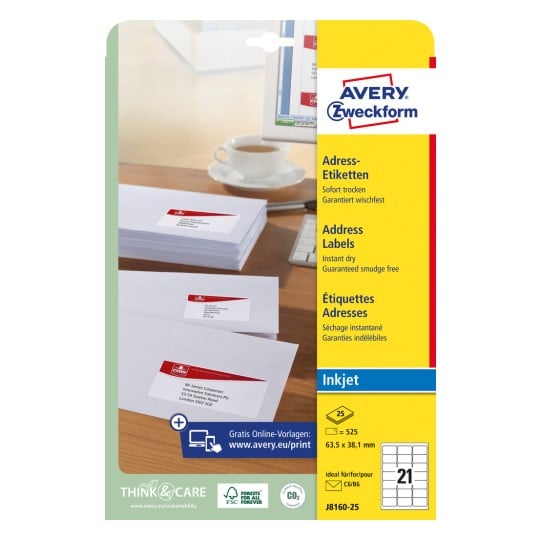 Pakningsbillede: Avery Zweckform Hvide Forsendelsesetiketter, til inkjetprintere, Artikel: J8160-25, Format: 63,5 x 38,1 mm, Printeregnethed: Inkjet, Indhold: 525 etiketter / 25 ark, 21 etiketter/ark