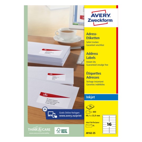 Pakkensbillede: Avery Zweckform Hvide Forsendelsesetiketter, til inkjetprintere, Artikel: J8162-25, Format: 99,1 x 33,9 mm, Printeregnethed: Inkjet, Indhold: 400 etiketter / 25 ark, 16 etiketter/ark