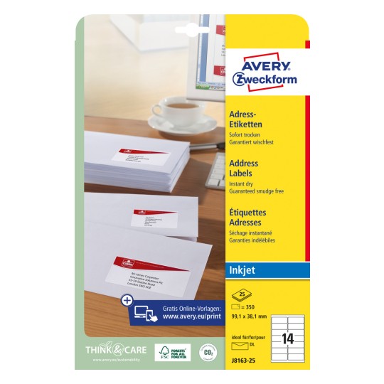 Pakningsbillede: Avery Zweckform Hvide Forsendelsesetiketter, til inkjetprintere, Artikel: J8163-25, Format: 99,1 x 38,1 mm, Udskrivningsegnet: Inkjet, Indhold: 350 etiketter / 25 ark, 14 etiketter/ark?