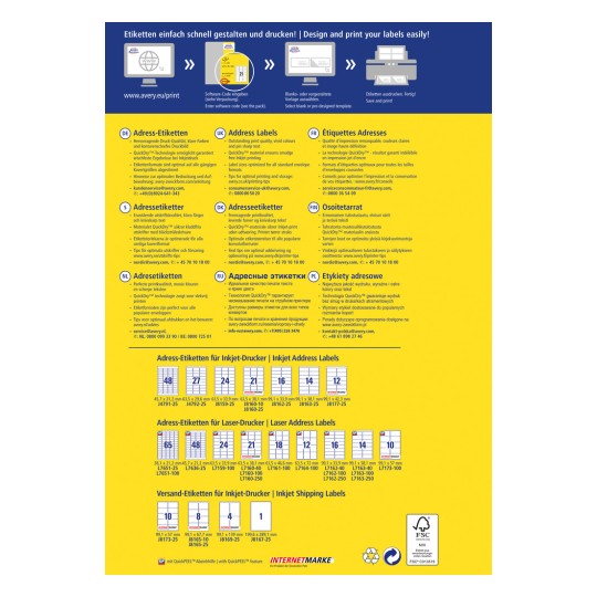 Billedet er en vejledning til design og printning af etiketter, med instruktioner på flere sprog. Det inkluderer forskellige etiketstørrelser til inkjet- og laserprintere med tips til optimal brug.