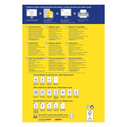 Billedet er en guide til etiketudskrivning fra Avery, der beskriver forskellige etikettyper, specifikationer og udskrivningstips på flere sprog, herunder tysk, engelsk, fransk og flere. Det giver information om forsendelsesetiketter, adresseetiketter og hvordan man designer og udskriver dem effektivt.