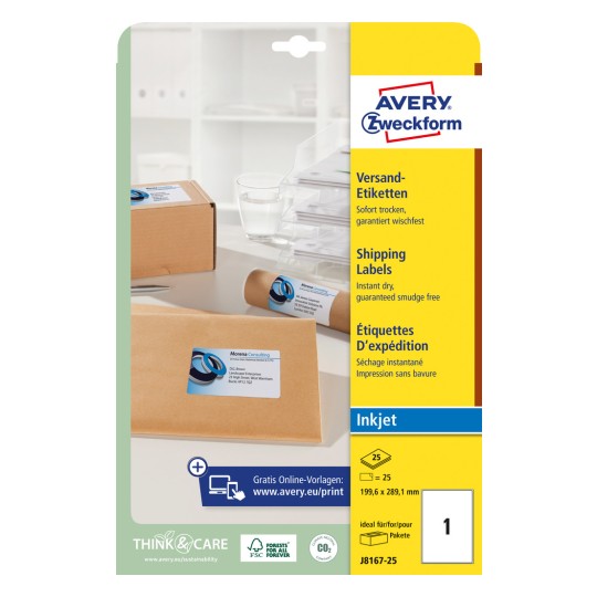 Forpakningsbillede: Avery Zweckform hvide forsendelsesetiketter, til inkjetprintere, artikel: J8167-25, format: 199,6 x 289,1 mm, printeregnet: Inkjet, indhold: 25 etiketter / 25 ark, 1 etiket/ark?