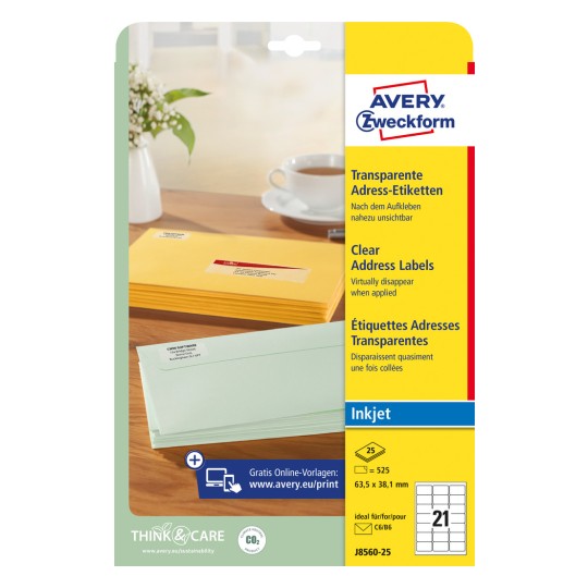 Æskebillede: Avery Zweckform gennemsigtige forsendelsesetiketter, til inkjetprintere, artikel: J8560-25, format: 63,5 x 38,1 mm, printeregnet: inkjet, indhold: 525 etiketter / 25 ark, 21 etiketter/ark.